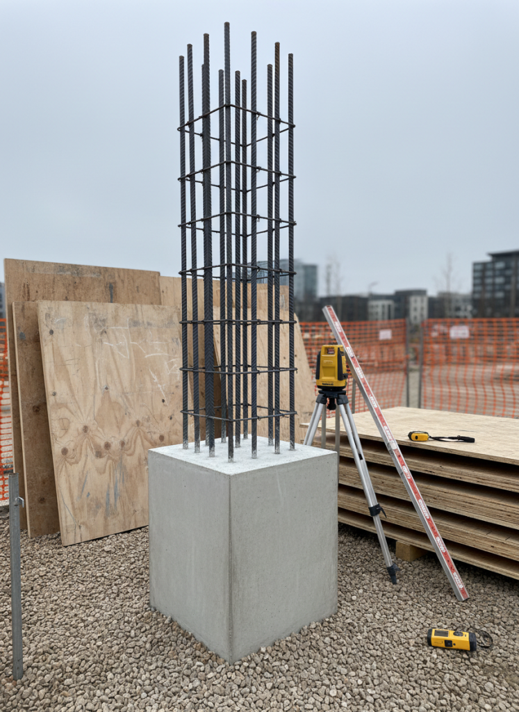 A detailed close-up of a freshly cast reinforced concrete column base on a commercial building site, the smooth, light grey surface contrasting with exposed, neatly tied steel reinforcement emerging above. Around the base, compacted gravel and plywood formwork panels lie stacked with laser levels and measuring staffs resting nearby, all meticulously arranged. The setting is an organized urban construction platform bordered by temporary safety barriers and distant city structures softly blurred. Overcast daylight creates diffused, even lighting with minimal shadows, emphasizing texture and craftsmanship. Photographic realism from a low, oblique angle highlights the column as the central subject, with a moderate depth of field that keeps surrounding elements legible but secondary. The mood is professional, precise, and technical, reflecting disciplined structural works and quality control processes.