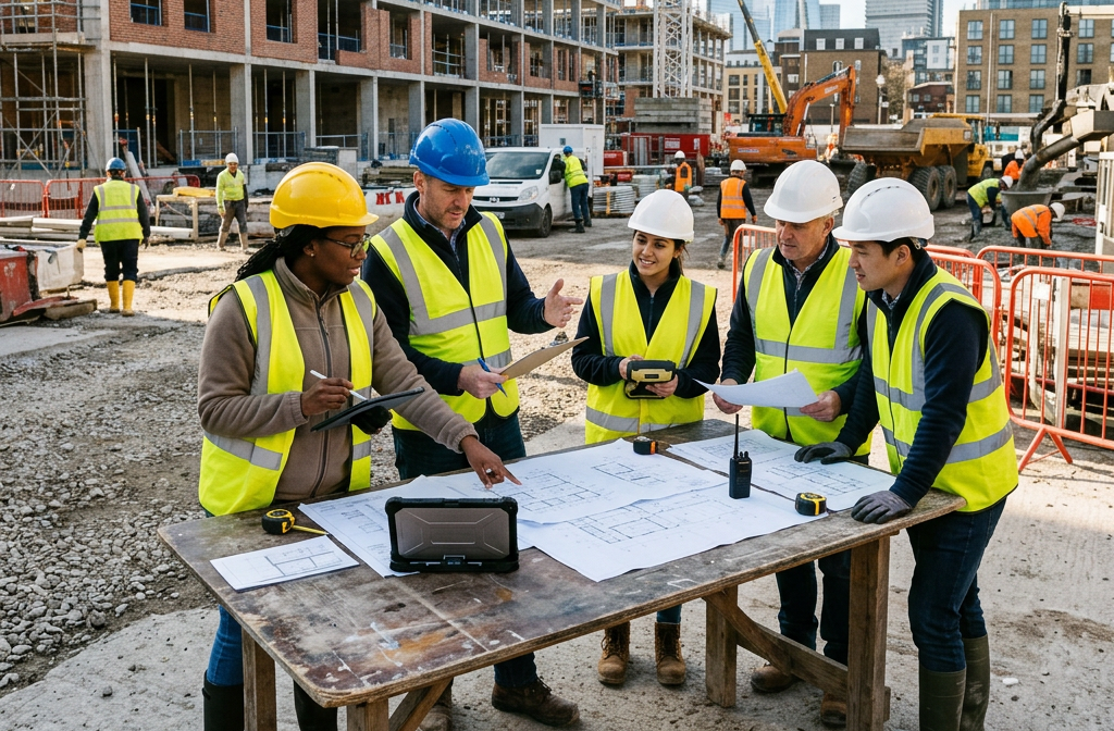Construction workers and engineers in safety gear reviewing blueprints on a table at a construction site.